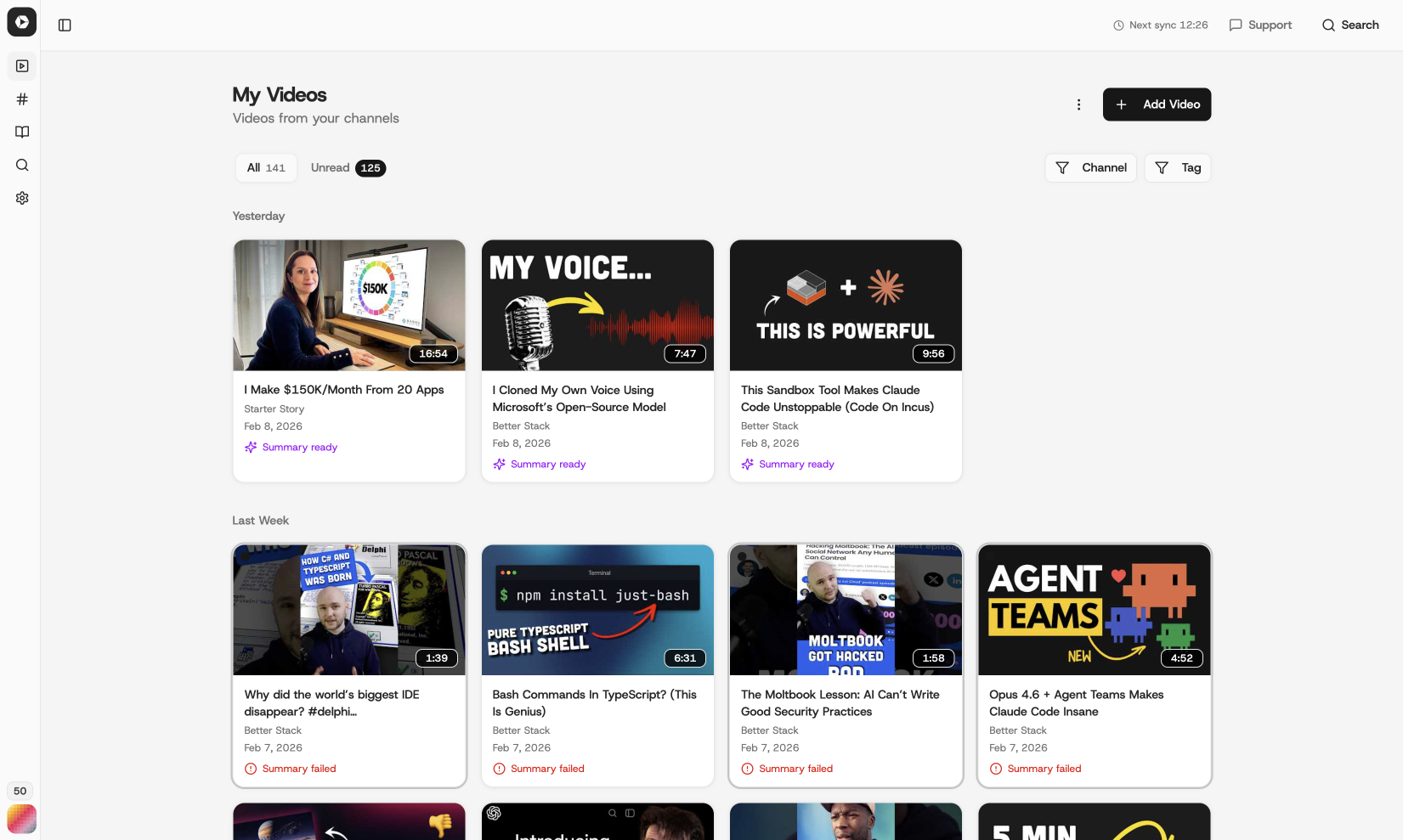 Sumdown app showing summarized YouTube videos in a personalized feed